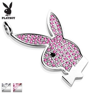 Stalowy wisiorek Playboy, srebrny kolor, zajączek wyłożony cyrkoniami - Kolor: Różowo - Czarny