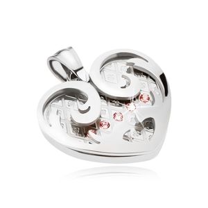 Stalowy wisiorek, serce z ornamentami w srebrnym kolorze, różowe cyrkonie