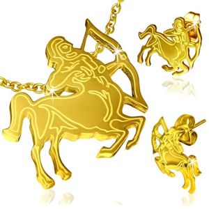 Stalowy zestaw w złotym kolorze, kolczyki i wisiorek, znak Zodiaku Strzelec