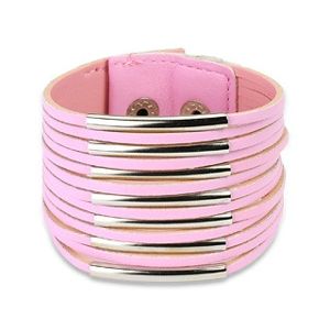 Szeroka bransoletka ze sztucznej skóry - cienkie paseczki - Kolor: Różowy