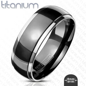 Szerszy tytanowy pierścionek - gładka obrączka z wypukłym czarnym środkiem i srebrnymi krawędziami, 8 mm - Rozmiar : 70