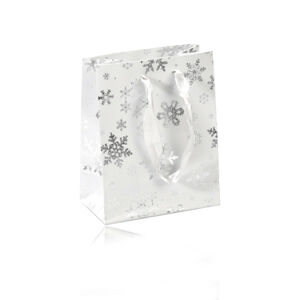 Torebka prezentowa białego koloru - zimowy motyw ze śnieżynkami srebrnego koloru, wstążki