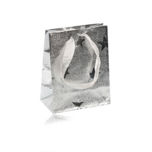 Torebka prezentowa srebrnego koloru - z wizerunkiem gwiazdek, prążkowana powierzchnia, wstążki