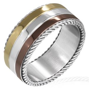 Trójkolorowy pierścionek ze stali - skręcony sznurek wzdłuż krawędzi - Rozmiar : 59