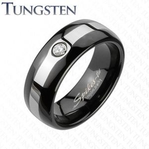 Tungsten czarny pierścionek - srebrny pas, cyrkonia - Rozmiar : 59