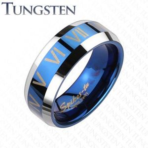 Tungsten pierścionek - niebiesko-srebrna obrączka, cyfry rzymskie - Rozmiar : 54