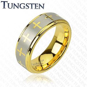 Tungsten pierścionek w złotym odcieniu, krzyżyki i pas srebrnego koloru, 8 mm - Rozmiar : 54