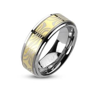 Tungsten pierścionek z pozłacanym pasem i wzorem zebry - Rozmiar : 57
