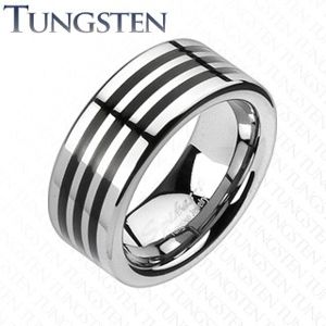 Tungsten pierścionek z trzema czarnymi paskami na obwodzie - Rozmiar : 62