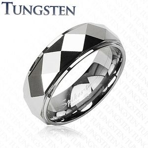 Tungsten pierścionek ze ściętymi rombami, srebrny kolor - Rozmiar : 59