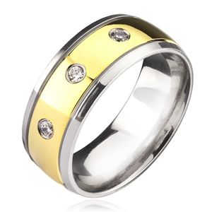 Tytanowy pierścionek - dwukolorowy z cyrkoniami - Rozmiar : 68