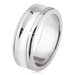 Tytanowy pierścionek - srebrny kolor, lśniący, wgłębiony środkowy pas - Rozmiar : 59