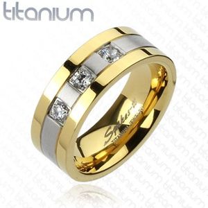 Tytanowy pierścionek - złoto srebrny, trzy cyrkonie - Rozmiar : 60