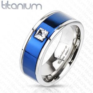 Tytanowy pierścionek z niebieskim pasem i kwadratową cyrkonią - Rozmiar : 65