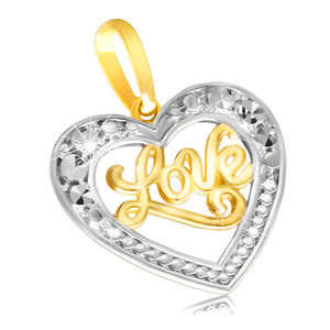 Wisiorek z 9K złota - lśniące symetryczne serce z napisem „Love”