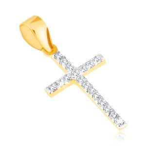 Wisiorek z żółtego złota 14K - cienki błyszczący krzyż łaciński, przezroczyste cyrkonie