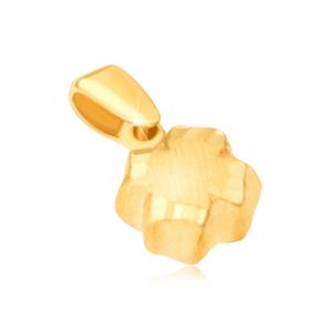 Wisiorek z żółtego złota 14K - czterolistna koniczyna 3D, satynowa powierzchnia, krawędzie z rowkami