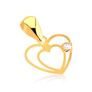 Wisiorek z żółtego złota 9K - drobny podwójny zarys serca, przezroczysta cyrkonia