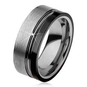 Wolframowy pierścionek, dwa nacięcia, srebrny i czarny kolor, lśniąco-matowa powierzchnia - Rozmiar : 57