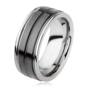 Wolframowy pierścionek o blyszczącej czarnej powierzchni z nacięciem, kolor srebrny - Rozmiar : 59