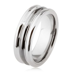 Wolframowy pierścionek o lśniącej powierzchni, dwa nacięcia, czarny i srebrny kolor - Rozmiar : 65