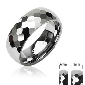 Wolframowy pierścionek srebrnego koloru, wyszlifowane lśniące sześciokąty, 6 mm  - Rozmiar : 52