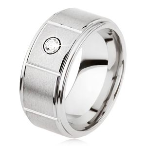 Wolframowy pierścionek srebrnego koloru z nacięciami, matowa szara powierzchnia, cyrkonia - Rozmiar : 65