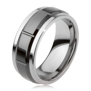 Wolframowy pierścionek z nacięciami, srebrny kolor, lśniąca czarna powierzchnia - Rozmiar : 62
