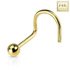 Zagięty złoty 14K piercing do nosa - błyszcząca gładka kuleczka, żółte złoto - Grubość kolczyka: 0,8 mm