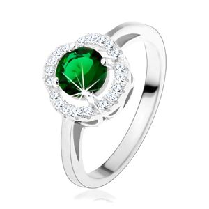 Zaręczynowy pierścionek, okrągła zielona cyrkonia, falista oprawa jasnego koloru, srebro 925 - Rozmiar : 59