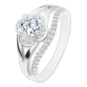 Zaręczynowy pierścionek, srebro 925, bezbarwny cyrkoniowy kwiatek i linia drobnych cyrkonii - Rozmiar : 50