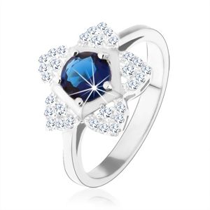 Zaręczynowy pierścionek, srebro 925, błyszczący kwiatek, okrągła niebieska cyrkonia - Rozmiar : 62