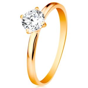 Zaręczynowy pierścionek z żółtego 585 złota - gładkie ramiona, błyszcząca okrągła cyrkonia bezbarwnego koloru - Rozmiar : 60