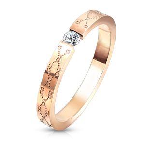 Zaręczynowy pierścionek ze stali - bezbarwna cyrkonia, kolor miedziany, delikatne grawerowanie - Rozmiar : 57