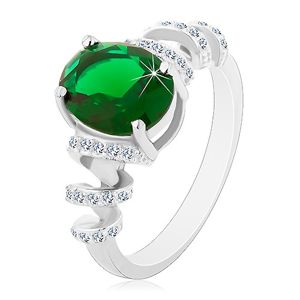 Zaręczynowy rodowany pierścionek, srebro 925, owalna zielona cyrkonia, błyszczące spirale - Rozmiar : 55