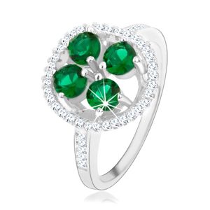 Zaręczynowy srebrny pierścionek 925, okrągły błyszczący kwiat, zielone cyrkonie - Rozmiar : 59
