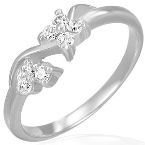 Zaręczynowy stalowy pierścionek - bezbarwne cyrkoniowe kwiatki na fali - Rozmiar : 60