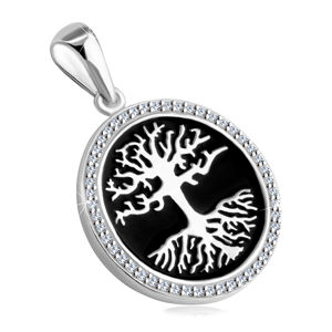 Zawieszka z 925 srebra - drzewo życia z czarną emalią, błyszczące cyrkonie
