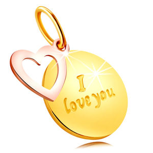 Zawieszka z mieszanego złota 585 - okrągły znaczek z napisem "I love you", kontur serca