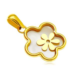Zawieszka z żółtego 14K złota - kwiat z perłowym wypełnieniem i mniejszym kwiatem