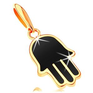 Zawieszka z żółtego 14K złota - ręka Hamsa pokryta czarną emalią