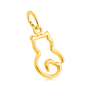 Zawieszka z żółtego 14K złota - cienki zarys kota z ogonem w kształcie serca