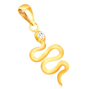 Zawieszka z żółtego 14K złota - falisty błyszczący wąż, przezroczysta okrągła cyrkonia
