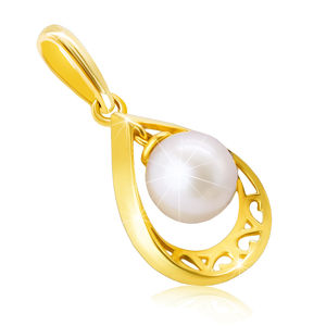 Zawieszka z żółtego 14K złota - kontur łezki z wyciętymi ornamentami, perła białego koloru