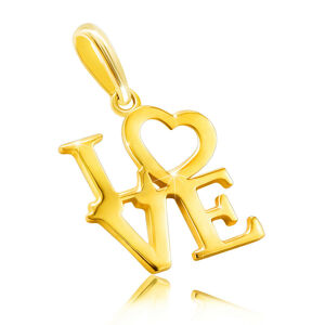 Zawieszka z żółtego 9K złota - napis "LOVE" wielkimi literami, serce jak litera O