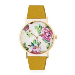Zegarek analogowy - cyferblat z kwiatami róż i cyrkoniami, biały pasek