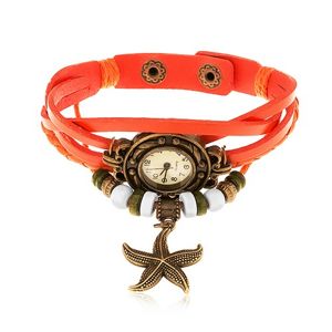 Zegarek analogowy, ozdobne wycięcia, pleciony pasek pomarańczowego koloru