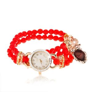 Zegarek na rękę, bransoletka z czerwonych koralików, serduszko, cyferblat z cyrkoniami