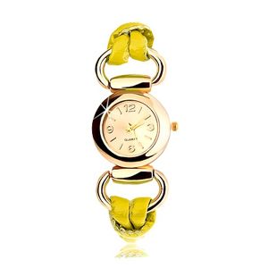 Zegarek na rękę, pasek z żółtego lateksu, okrągły cyferblat złotego koloru