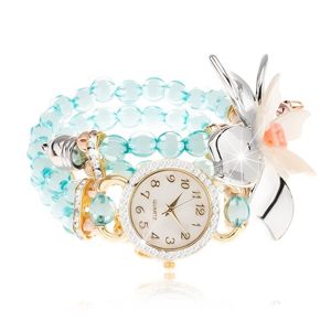 Zegarek na rękę z przejrzystych niebieskich koralików, cyferblat z cyrkoniami, duży kwiat